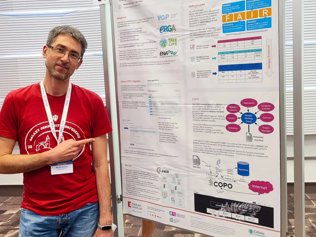 Nicola Soranzo presenting a poster at the 2024 Galaxy Community Conference for ELIXIR-UK